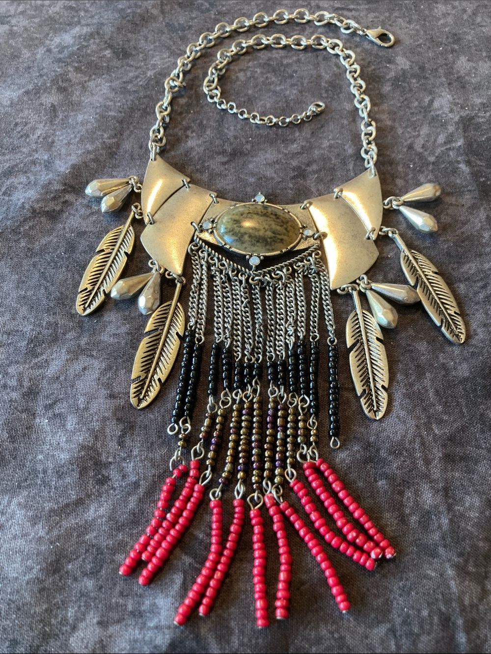 Boho Southwestern Silver-Tone Feather Fringe Necklace with Red Bead Accents
